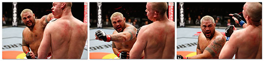 SAITAMA, JAPAN - MARCH 03: (L-R) Mark Hunt knocks out Stefan Struve with a punch in their heavyweight fight during the UFC on FUEL TV event at Saitama Super Arena on March 3, 2013 in Saitama, Japan. (Photo by Josh Hedges/Zuffa LLC/Zuffa LLC via Getty Images)